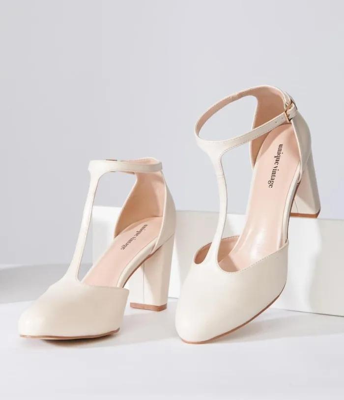 1920s Beige Leatherette TStrap Astaire Pumps Shoes Unique Vintage Heels