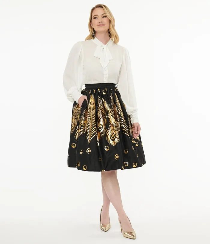 1950s Black and Gold Foil Feather Gellar Swing Skirt Clothing Unique Vintage Skirts 1950s Black and Gold Foil Feather Gellar Swing Skirt Clothing Unique Vintage Skirts