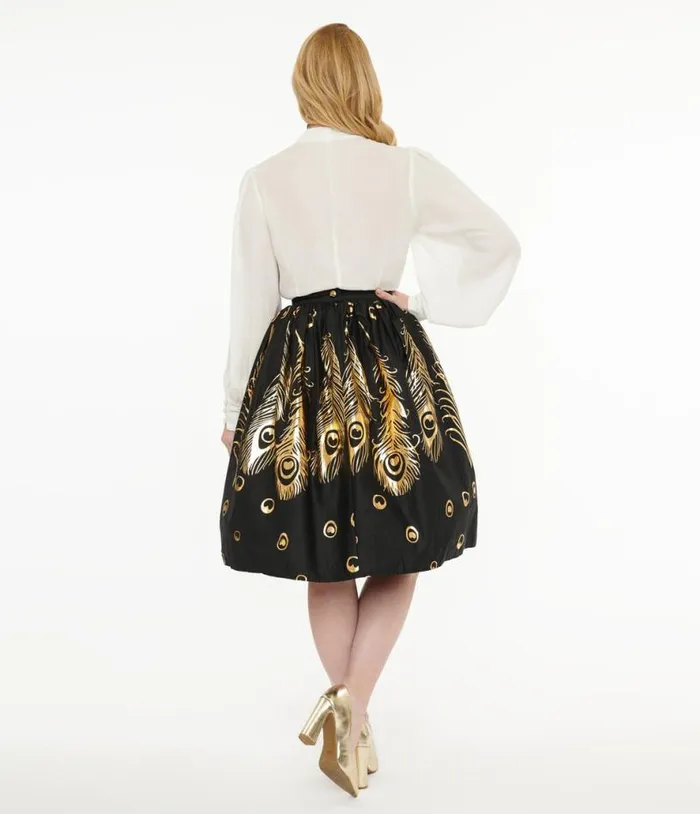 1950s Black and Gold Foil Feather Gellar Swing Skirt Clothing Unique Vintage Skirts