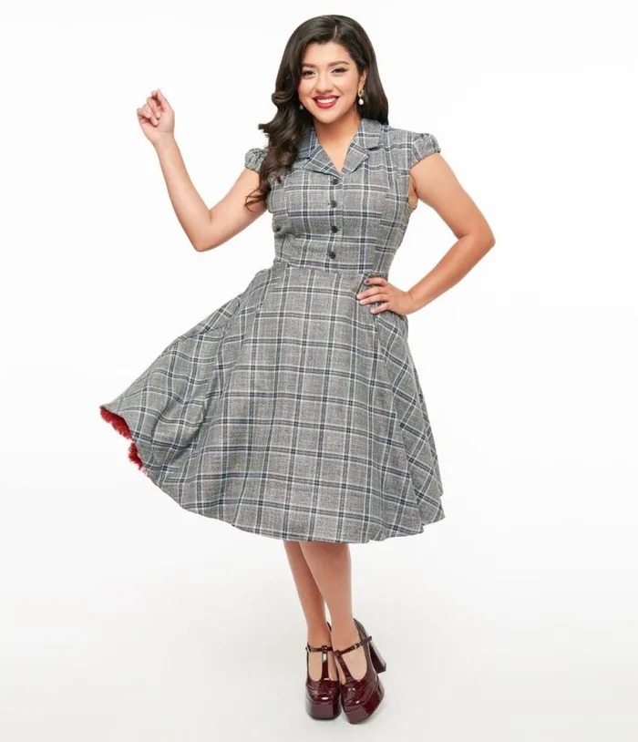1950s Grey and Blue Plaid Swing Dress DressesPlus Unique Vintage Pocket Dresses