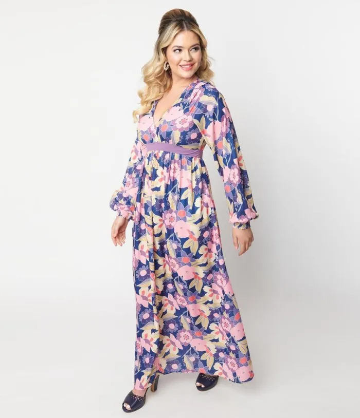 1970s Navy and Purple Floral Print Buttercup Maxi Dress Dresses Unique Vintage Maxi
