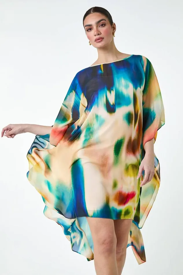 Abstract Print Chiffon Draped Tunic Dress Women Roman Dresses