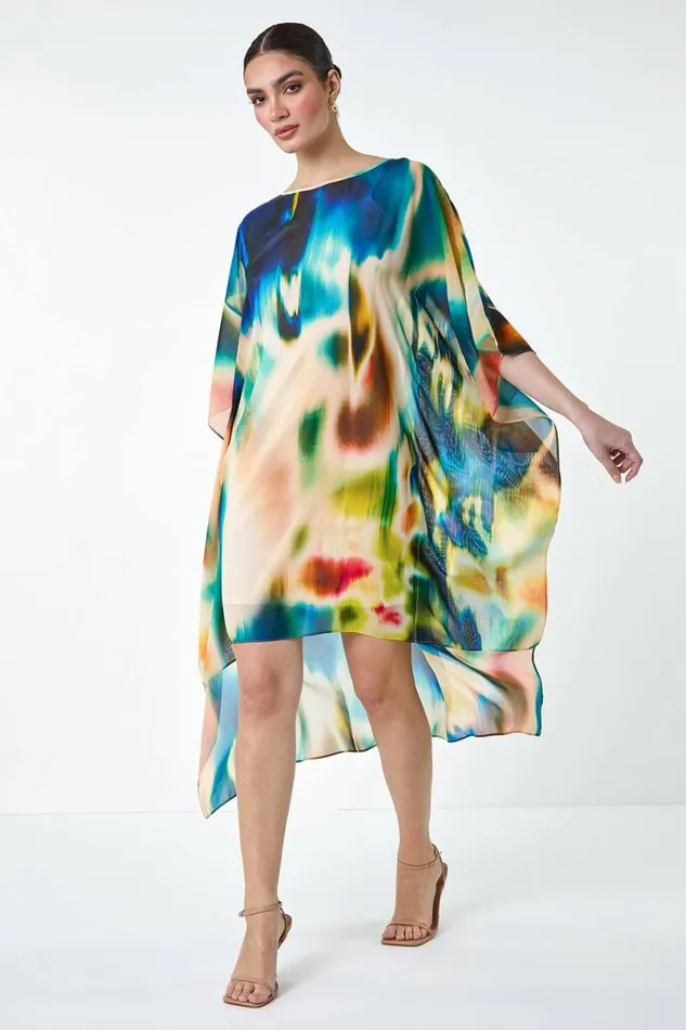 Abstract Print Chiffon Draped Tunic Dress Women Roman Dresses