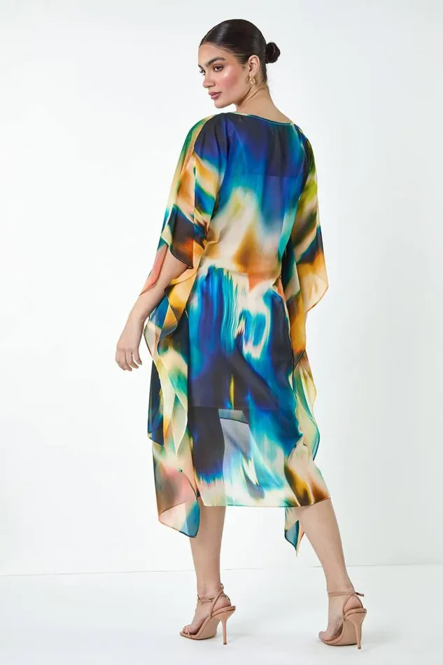 Abstract Print Chiffon Draped Tunic Dress Women Roman Dresses