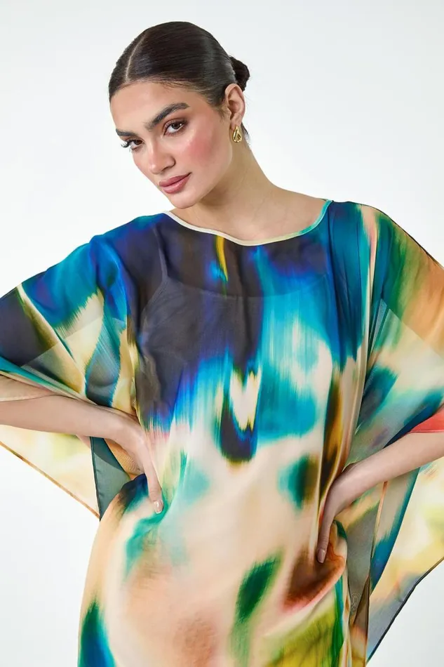 Abstract Print Chiffon Draped Tunic Dress Women Roman Dresses