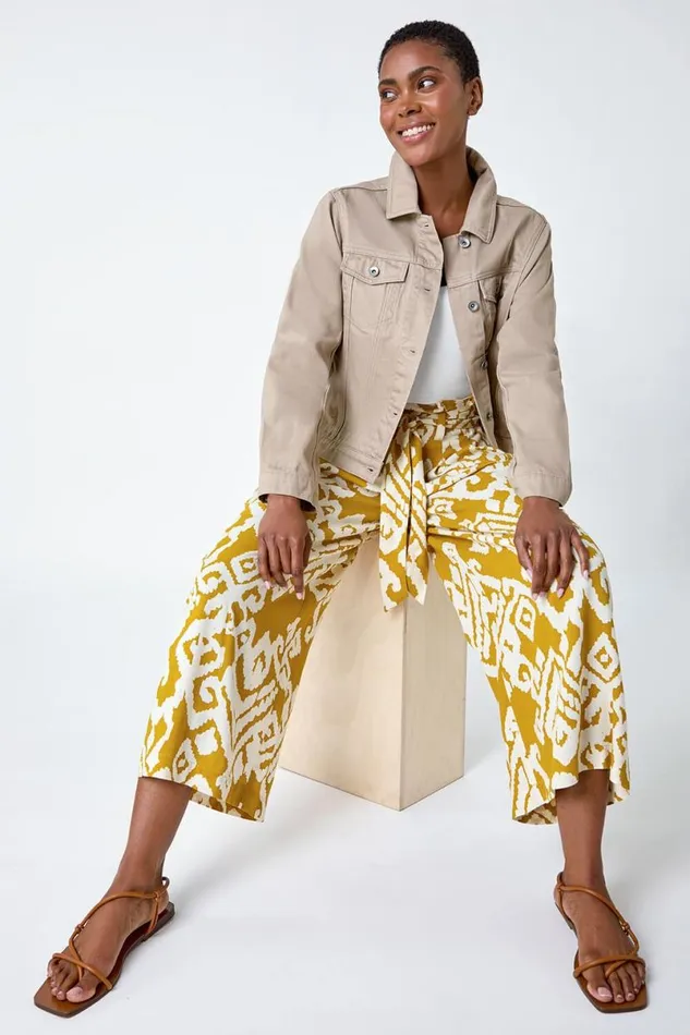 Amber Aztec Print Wide Leg Cropped Trousers Women Roman Trousers