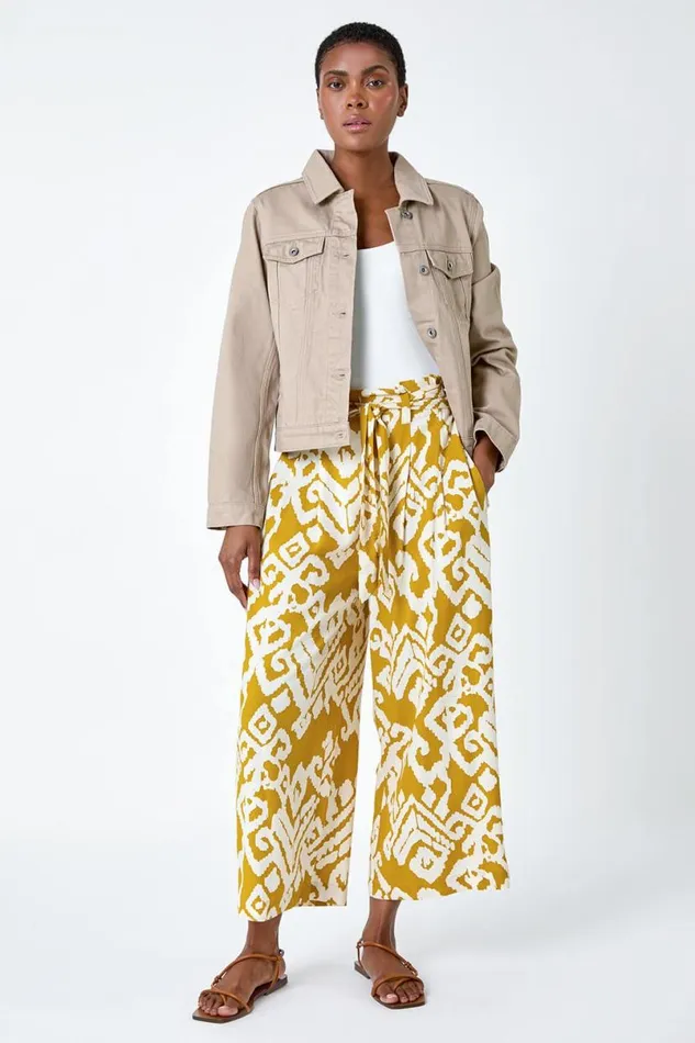 Amber Aztec Print Wide Leg Cropped Trousers Women Roman Trousers