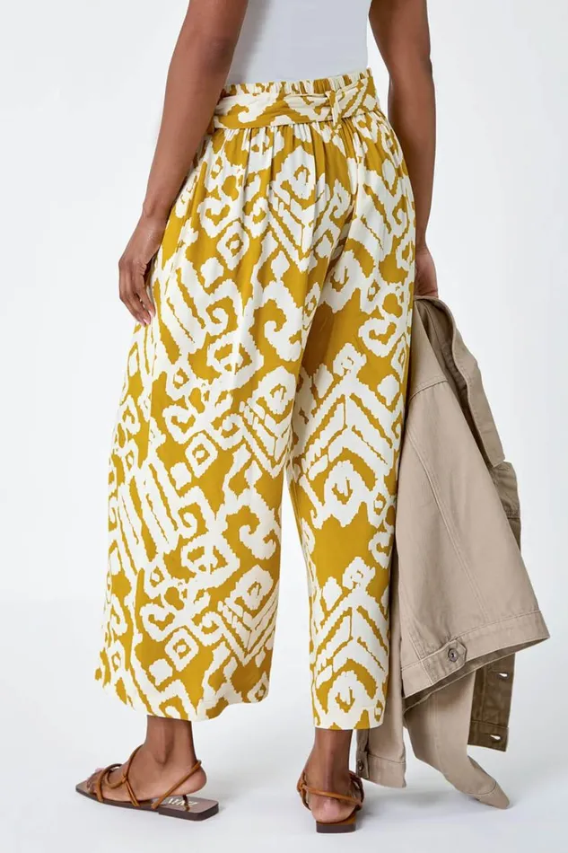 Amber Aztec Print Wide Leg Cropped Trousers Women Roman Trousers