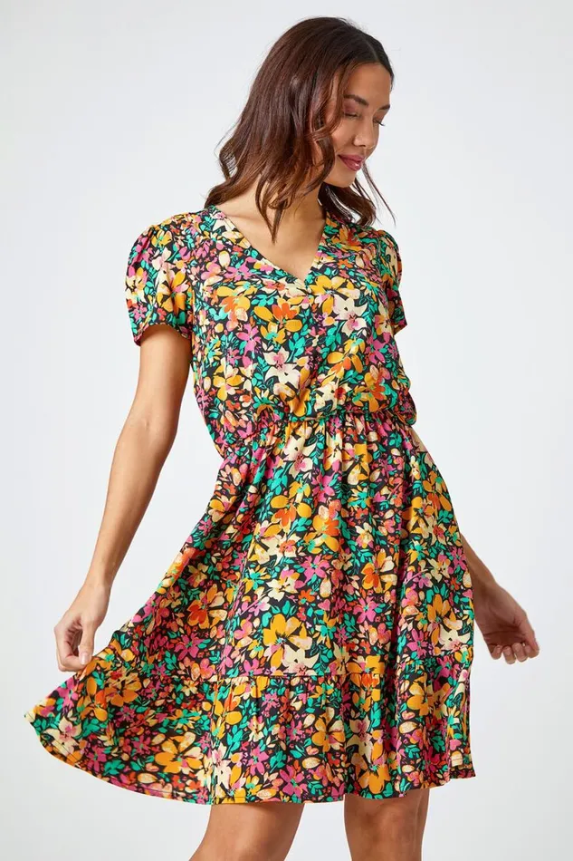 Amber Ditsy Floral Print Skater Dress Women Roman Dresses