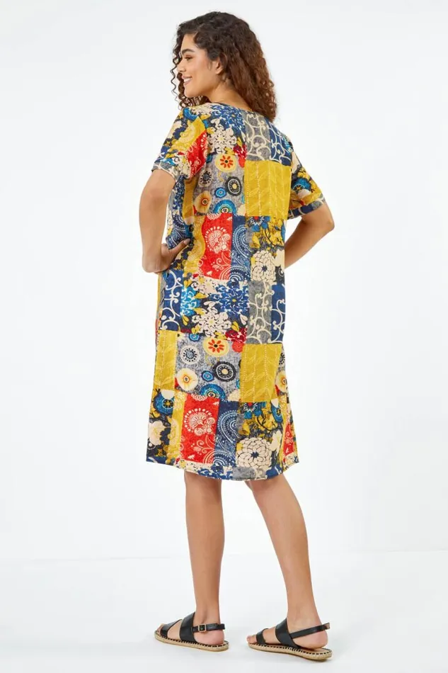 Amber Patchwork Print Pocket Shift Dress Women Roman Dresses
