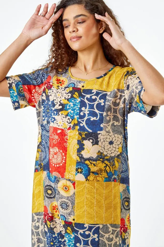 Amber Patchwork Print Pocket Shift Dress Women Roman Dresses