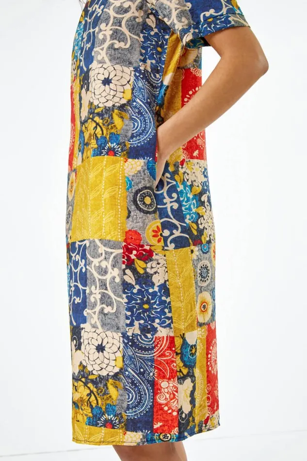 Amber Patchwork Print Pocket Shift Dress Women Roman Dresses