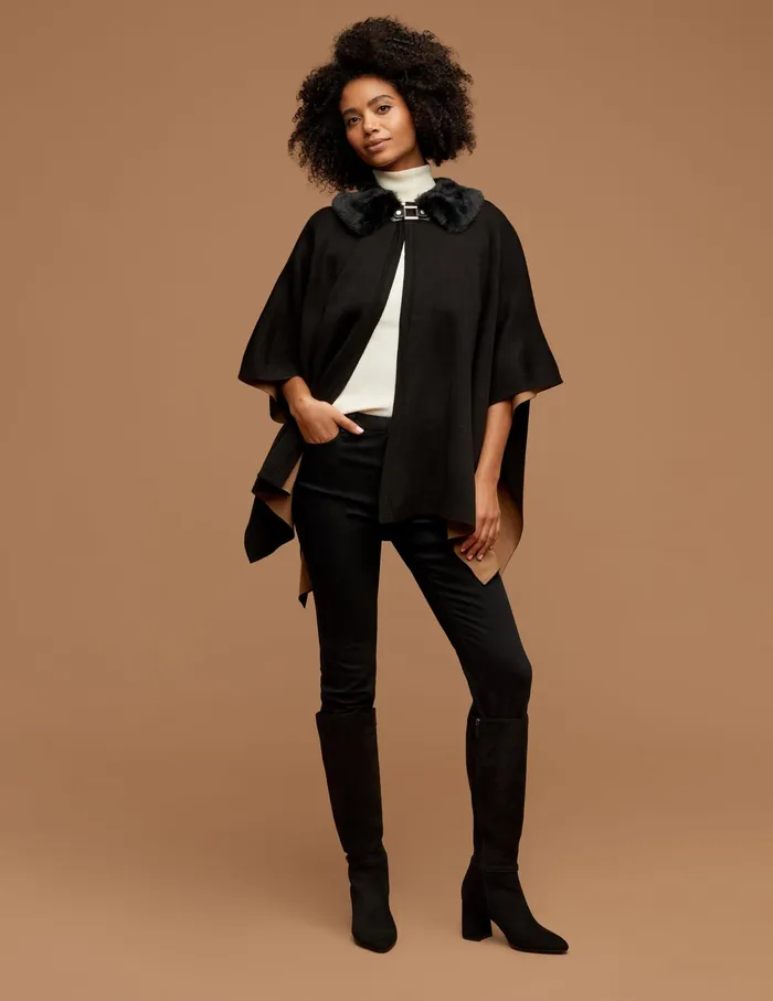Anne Klein Fur Trim Buckle Cape Anne Black Women Clothing