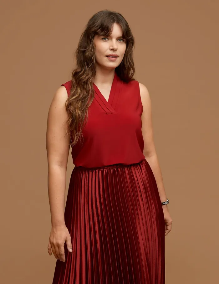 Anne Klein Plus Size Solid Triple Pleat Top Titan Red Women Clothing