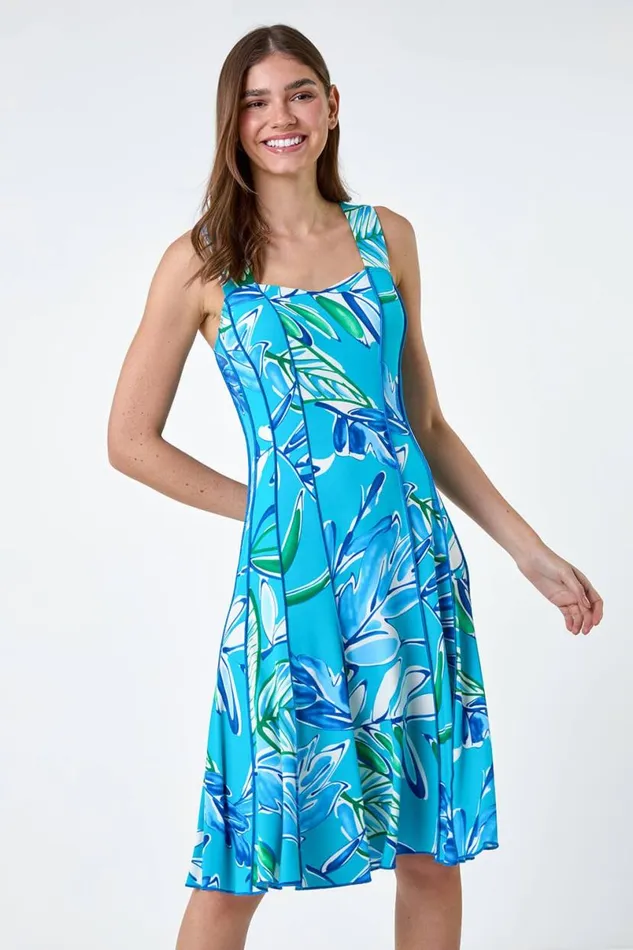 Aqua Leaf Print Stretch Panel Dress Women Roman Dresses