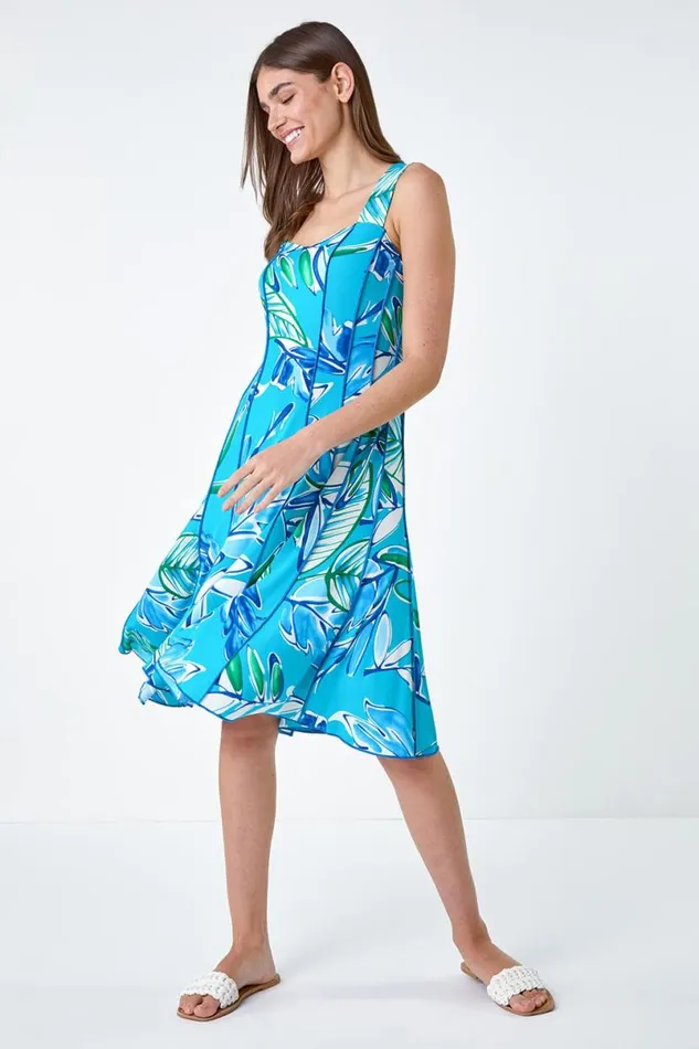 Aqua Leaf Print Stretch Panel Dress Women Roman Dresses