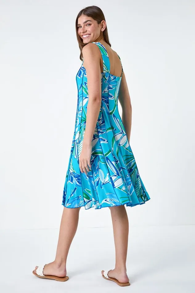 Aqua Leaf Print Stretch Panel Dress Women Roman Dresses