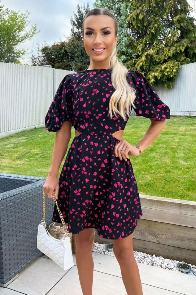 AX Paris Black And Pink Floral Print Cut Out Day Dress Dresses
