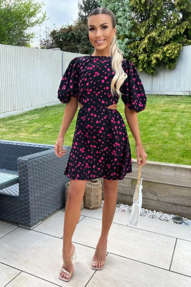 AX Paris Black And Pink Floral Print Cut Out Day Dress Dresses