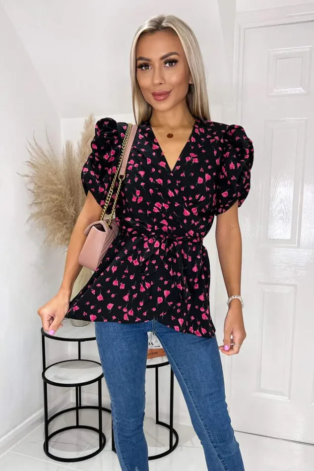 AX Paris Black And Pink Floral Wrap Top Tops