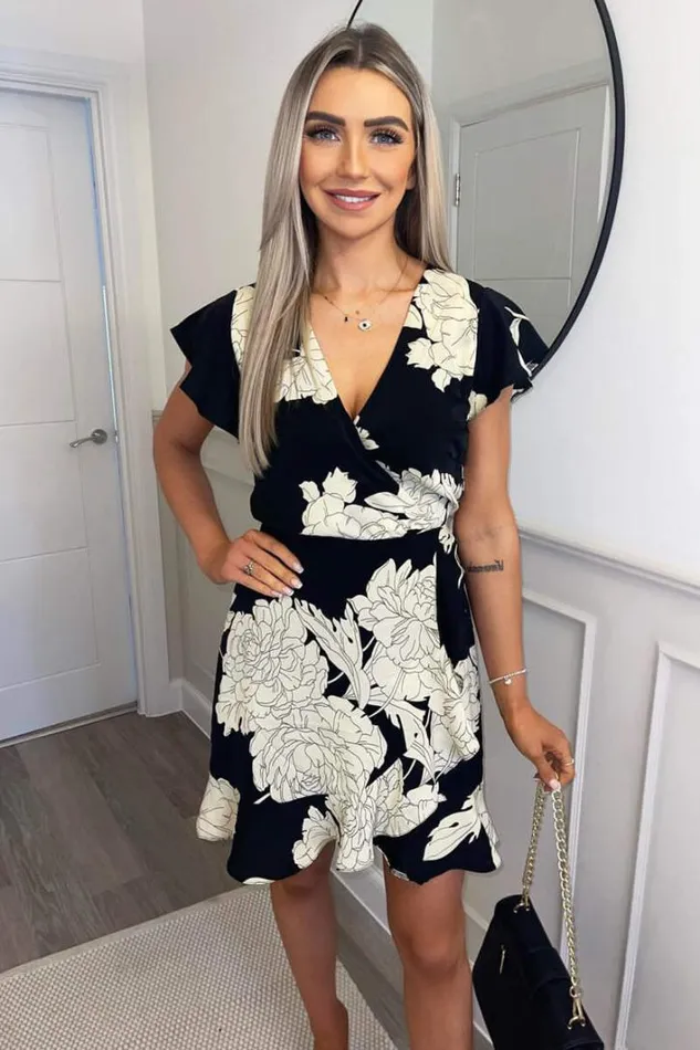 AX Paris Black And Stone Floral Print Short Sleeve Wrap Dress Dresses