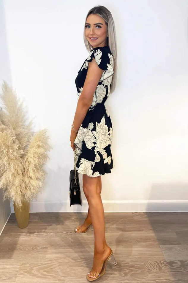 AX Paris Black And Stone Floral Print Short Sleeve Wrap Dress Dresses