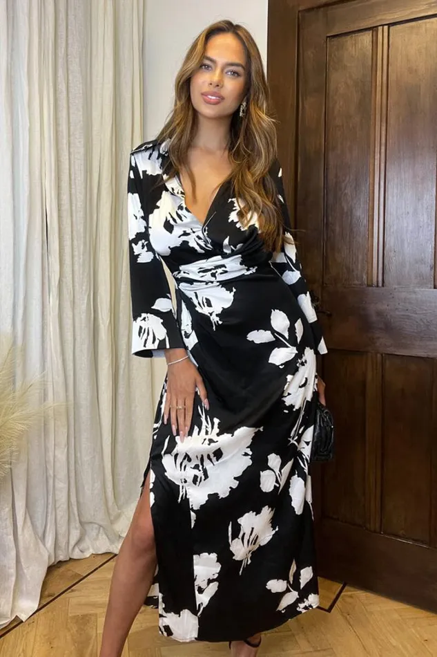 AX Paris Black And White Print Draped Shirt Midi Dress Dresses