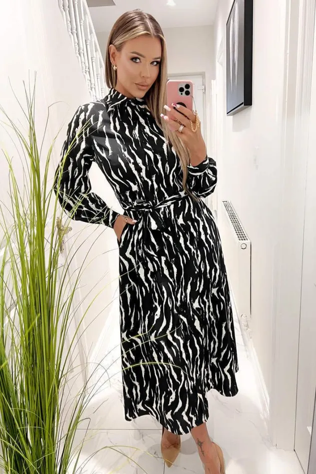 AX Paris Black And White Printed Button Up Midi Shirt Dress Dresses