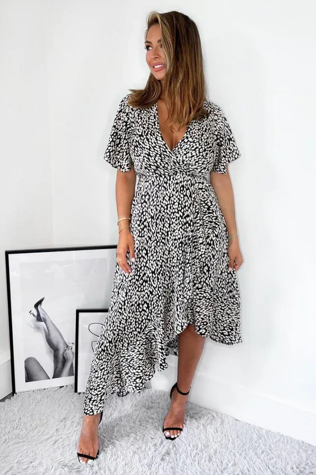 AX Paris Black And White Printed Frill Hem Short Sleeve Midi Dress Dresses