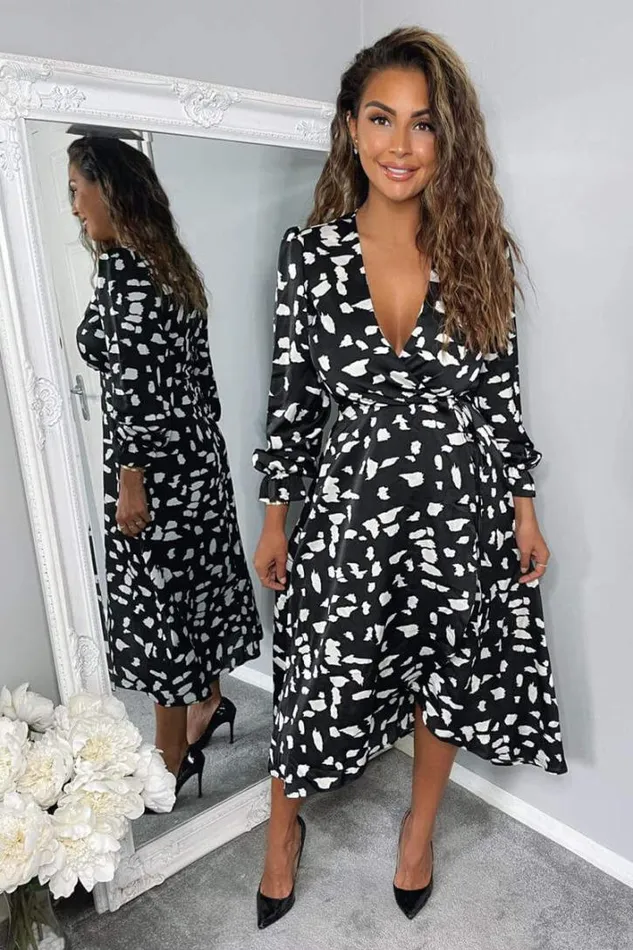 AX Paris Black And White Printed Wrap Midi Dress Wedding Guest Dresses