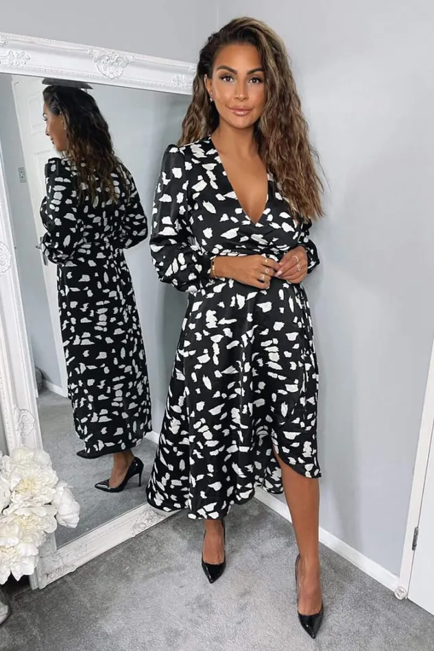 AX Paris Black And White Printed Wrap Midi Dress Wedding Guest Dresses