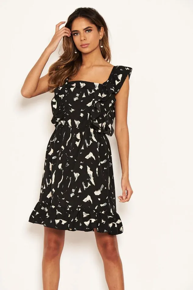 AX Paris Black Printed Square Neck Frilled Dress Day Dresses