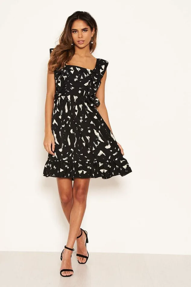 AX Paris Black Printed Square Neck Frilled Dress Day Dresses