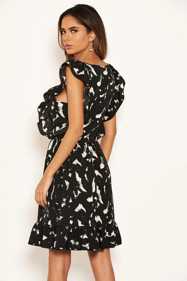 AX Paris Black Printed Square Neck Frilled Dress Day Dresses