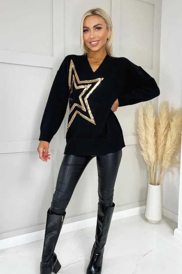 AX Paris Black VNeck Gold Sequin Star Knit Jumper Knitwear
