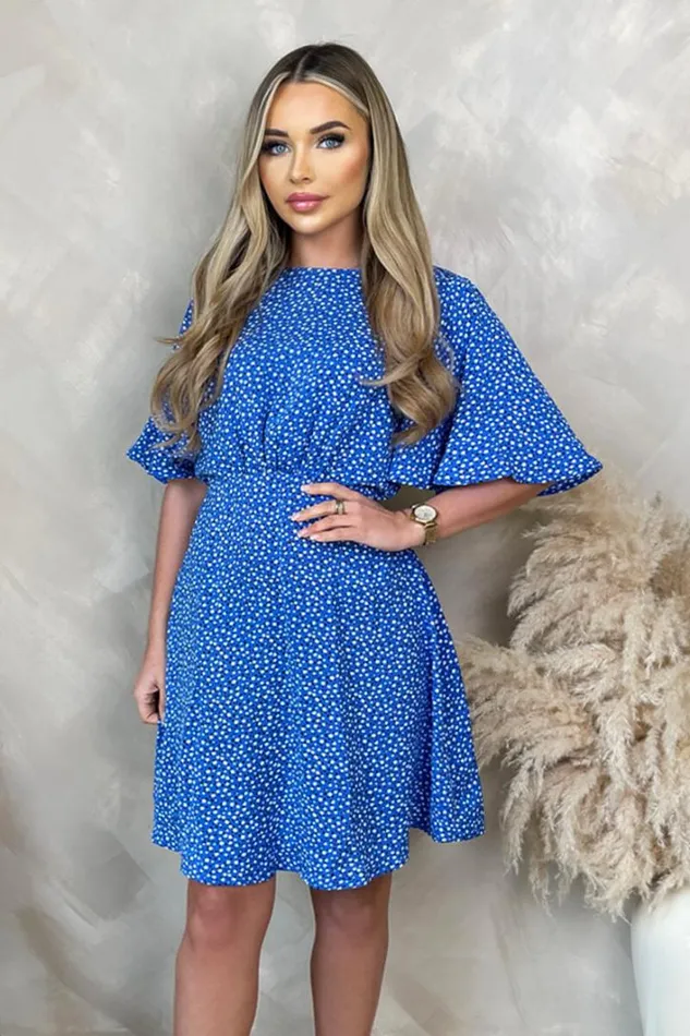 AX Paris Blue Ditsy Printed Butterfly Sleeve Mini Dress Dresses
