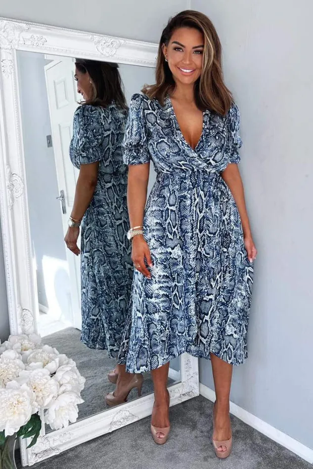 AX Paris Blue Snake Print Tie Side Wrap Midi Dress Dresses