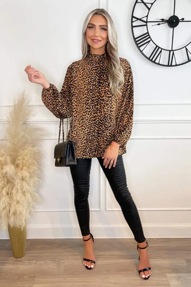 AX Paris Camel Animal Print Long Sleeve Ruffle Neck Top Tops