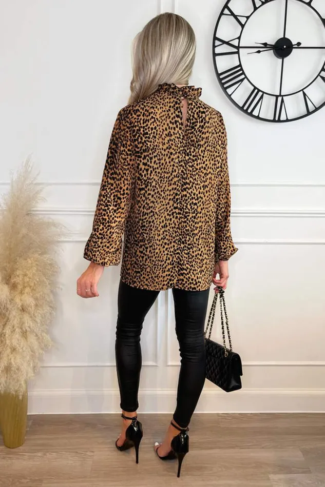 AX Paris Camel Animal Print Long Sleeve Ruffle Neck Top Tops
