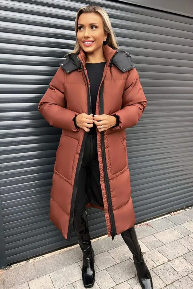 AX Paris Chocolate 2 In 1 Puffer Coat With Detachable Sleeves Coats and Jackets