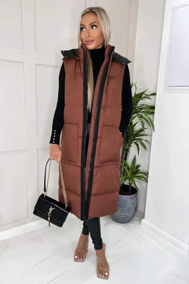 AX Paris Chocolate 2 In 1 Puffer Coat With Detachable Sleeves Coats and Jackets