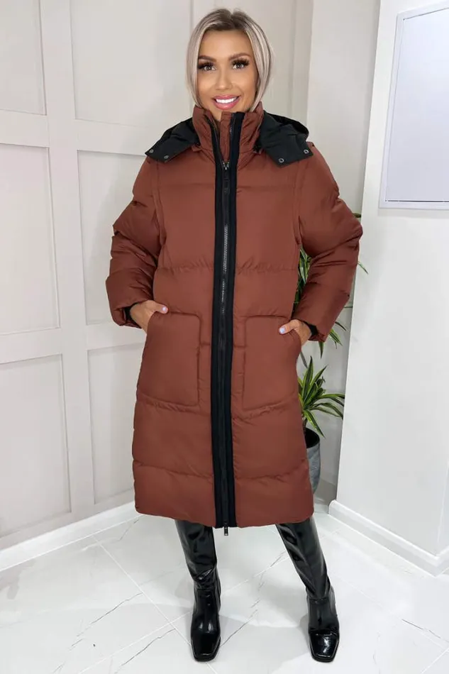 AX Paris Chocolate 2 In 1 Puffer Coat With Detachable Sleeves Coats and Jackets