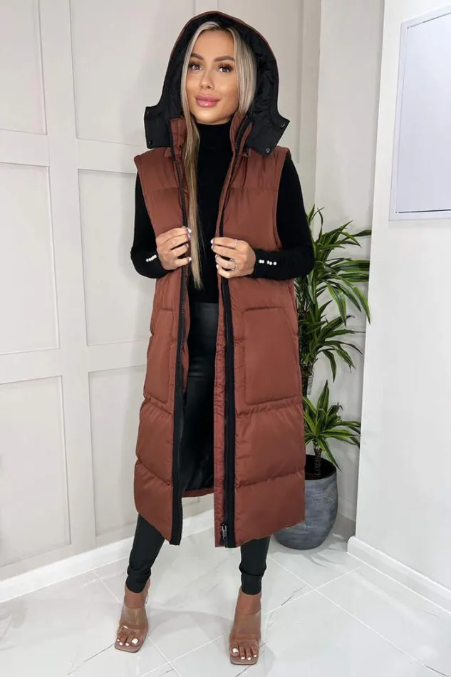 AX Paris Chocolate 2 In 1 Puffer Coat With Detachable Sleeves Coats and Jackets