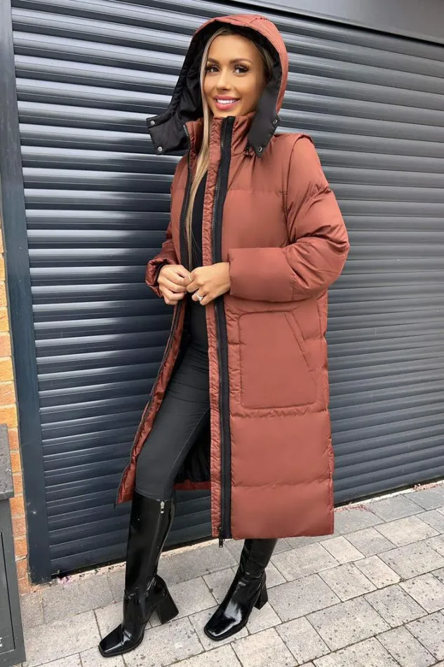 AX Paris Chocolate 2 In 1 Puffer Coat With Detachable Sleeves Coats and Jackets