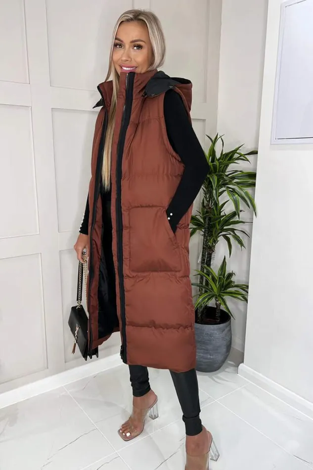 AX Paris Chocolate 2 In 1 Puffer Coat With Detachable Sleeves Coats and Jackets