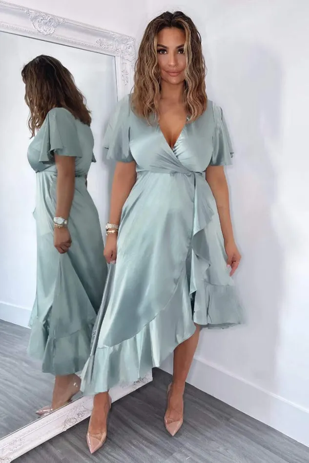 AX Paris Duck Egg Satin Frill Hem Short Sleeve Midi Dress Dresses
