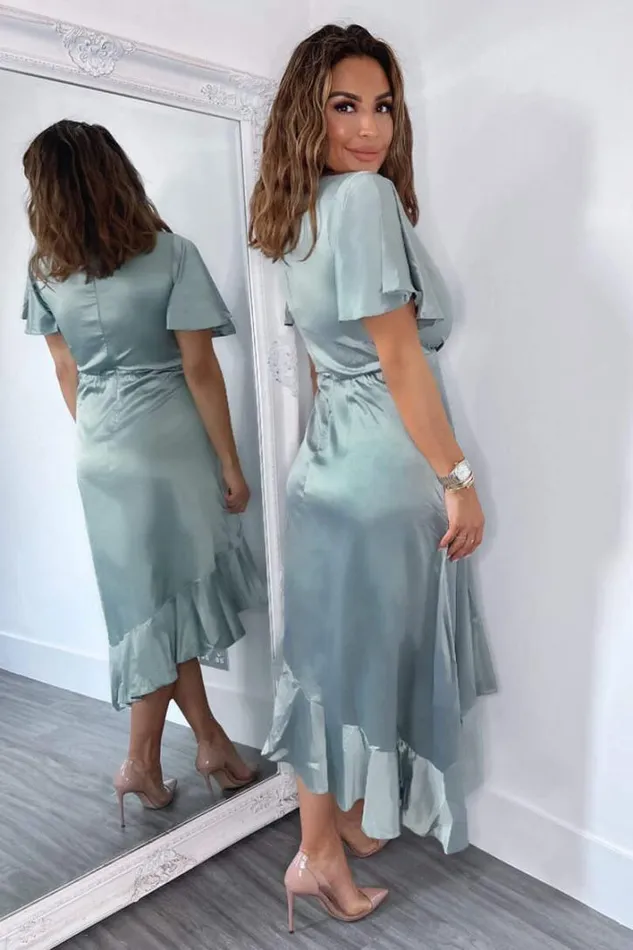 AX Paris Duck Egg Satin Frill Hem Short Sleeve Midi Dress Dresses
