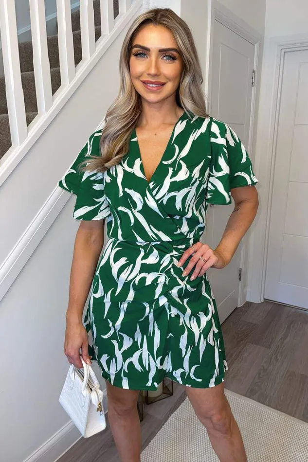 AX Paris Green And White Printed Gathered Mini Dress Dresses
