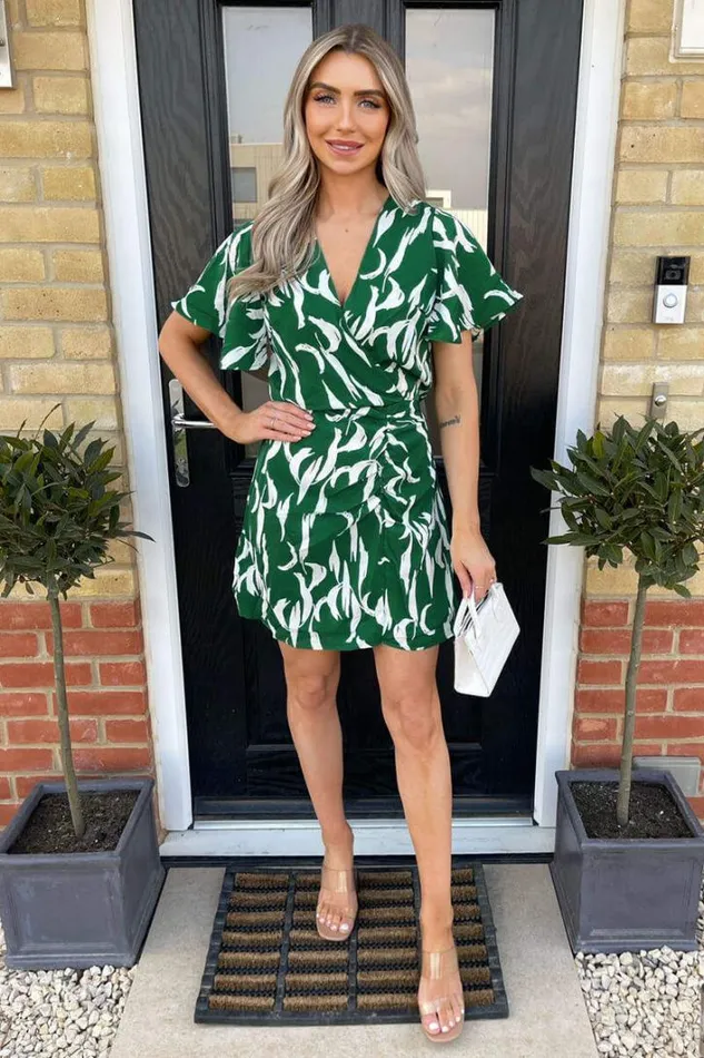 AX Paris Green And White Printed Gathered Mini Dress Dresses