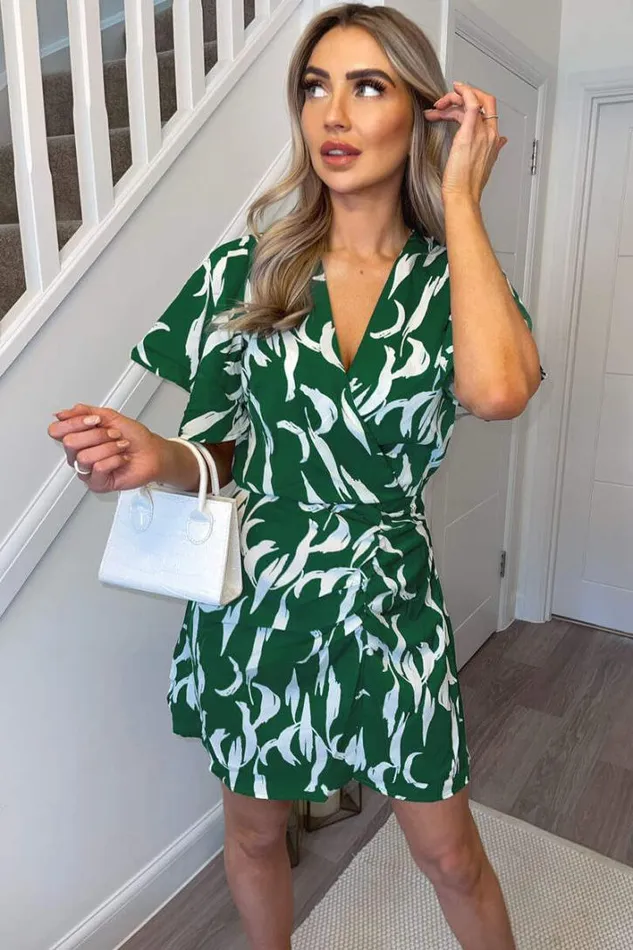 AX Paris Green And White Printed Gathered Mini Dress Dresses